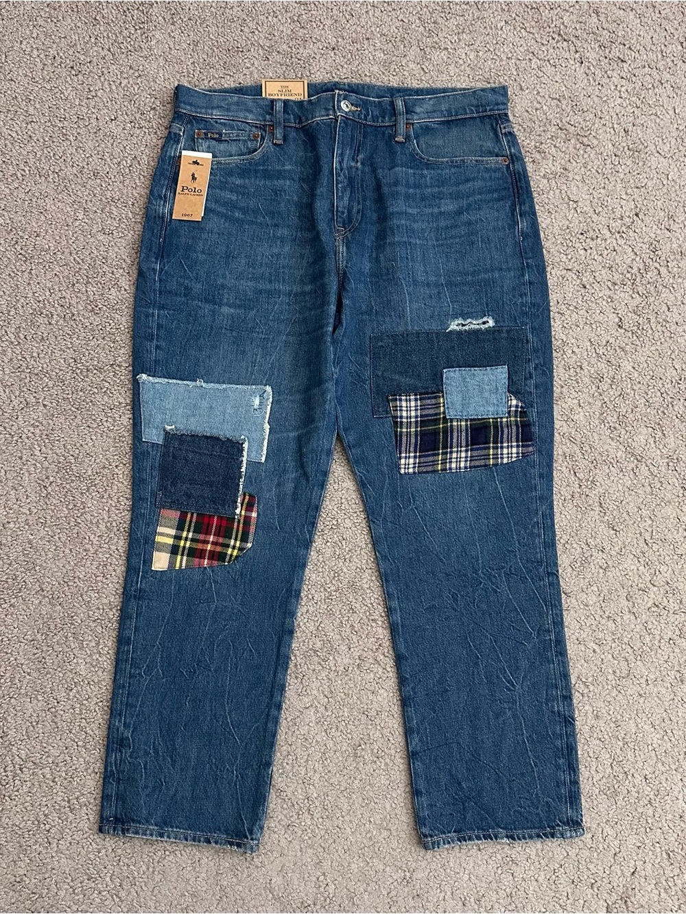 Polo Ralph Lauren The Slim Boyfriend Patchwork Plaid Denim Jeans Womens 31